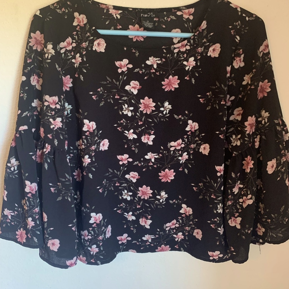 Black floral flowy long sleeve dress shirt.